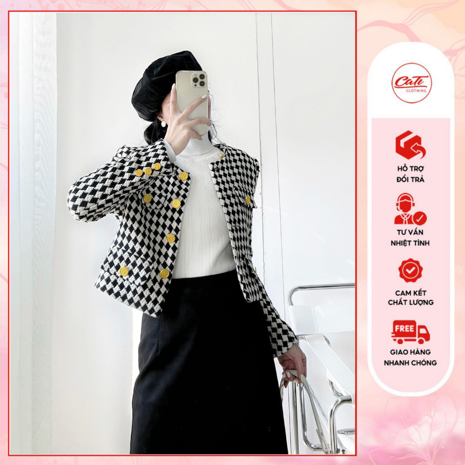 CATI Áo khoác dạ cổ tròn họa tiết houndstooth 3 màu