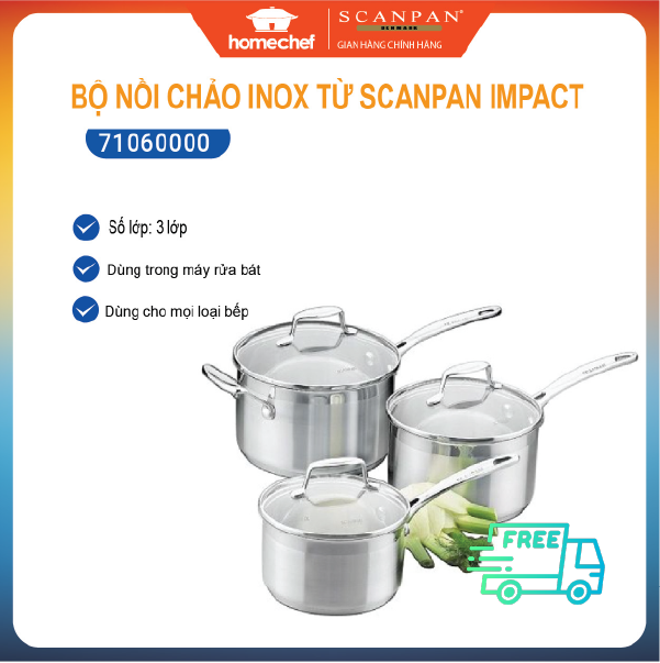 Bộ nồi inox 1 tay cầm scanpan impact 3 chi tiết dùng bếp từ 16/18/20cm, thiết kế đáy 3 lớp, inox 18/10 an toàn cho sức khỏe - 71060000