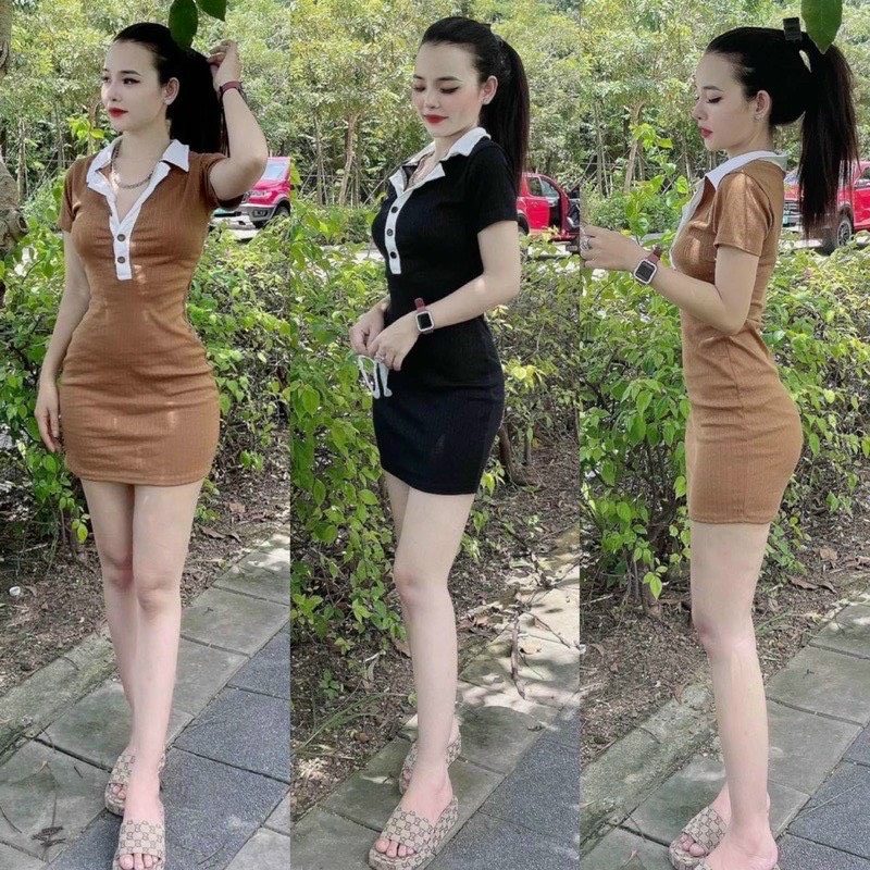 Đầm body thun ôm dáng tay ngắn cổ trụ