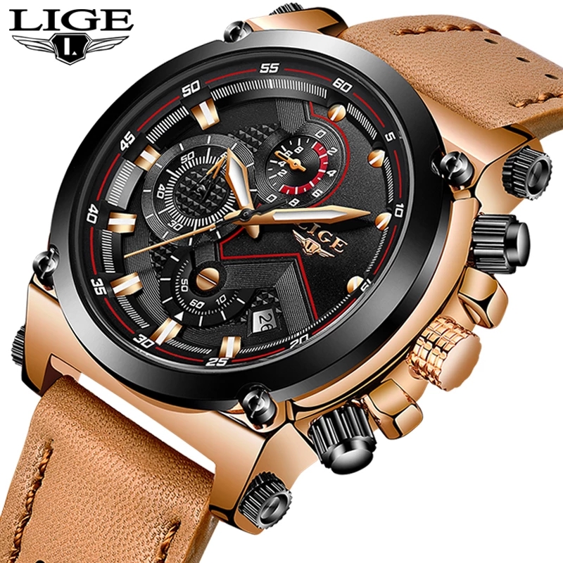 LIGE Nam mới của Thương hiệu sang trọng Đồng hồ thể thao da tương tự Đồng hồ nam quân đội Đồng hồ quân đội Nam thạch anh ngày Đồng Hồ