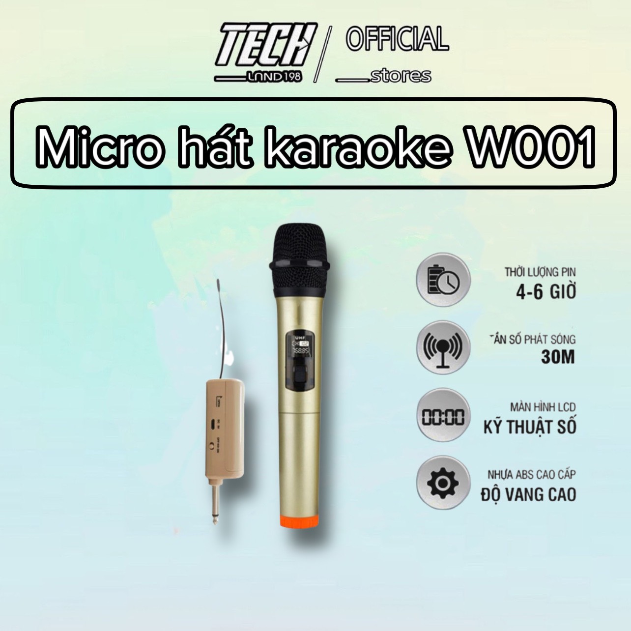 Bộ micro Không dây Karaoke W001 plus+ cao cấp, hút âm, chống hú (1 Tay Mic) - Chuyên dùng cho amply, loa kéo, loa bluetooth