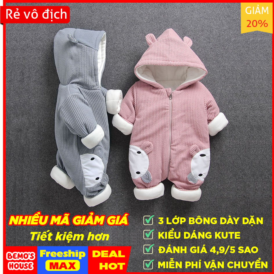[FREESHIP MAX] Quần áo trẻ em dày dặn, ấm áp, bộ áo liền quần cho bé 0-2, bodysuit tuổi hình gấu cực dễ thương