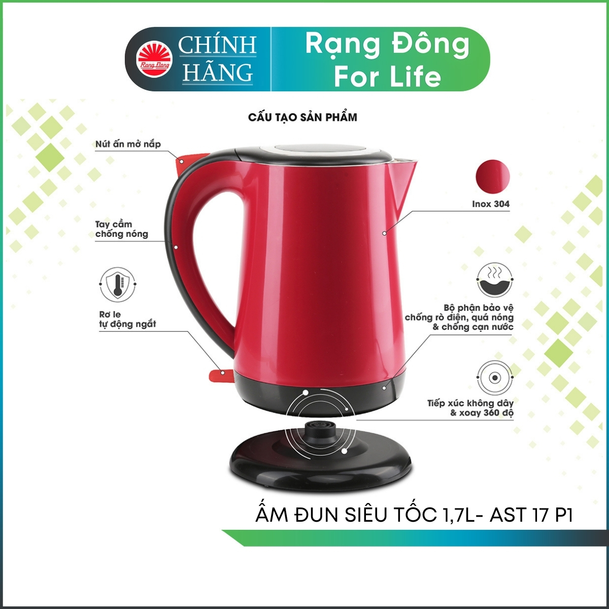 Ấm siêu tốc Rạng Đông dung tích 1,7 Lít chất liệu Inox 304 cao cấp đun nước siêu tốc Model RD AST17P1