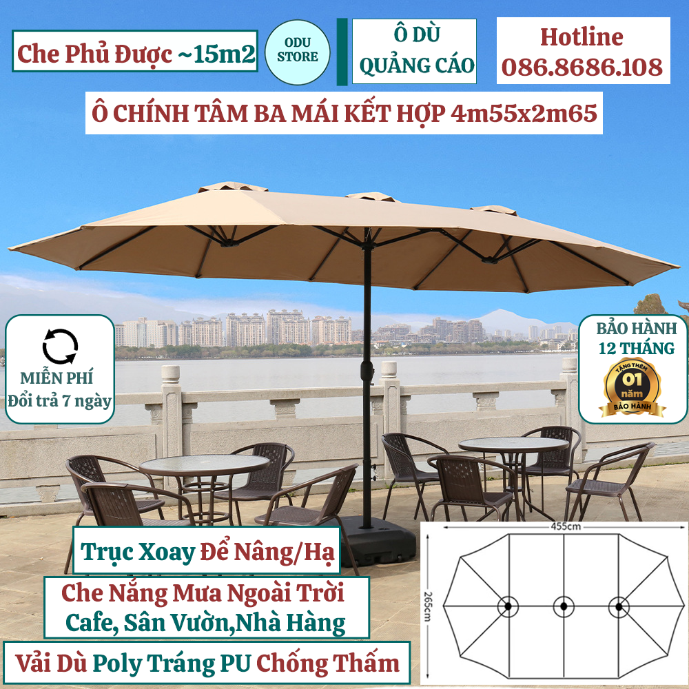 Ô dù chính tâm ba mái kết hợp 4m55x2m65 vải dù Polyester đế INOX có bánh che nắng che mưa ngoài trời cafe sân vườn resort