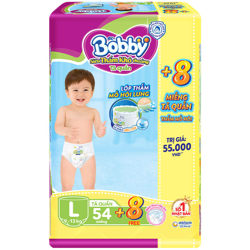 Tã quần bobby m62/l54/xl48/xxl44 - mẫu mới siêu thấm