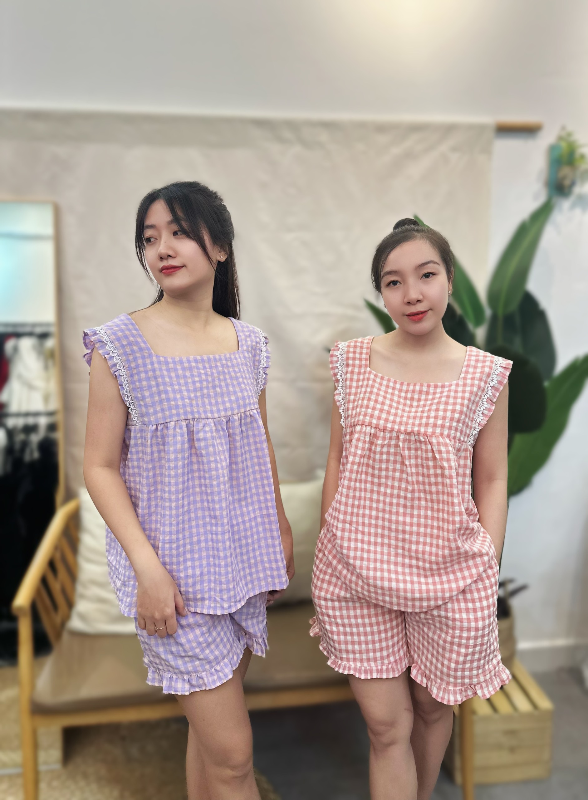 Đồ mặc nhà, đồ bộ mặc nhà, đồ mặc nhà dễ thương, đồ ngủ kiểu babydoll thô cotton họa tiết caro size lớn từ 50kg đến 62kg