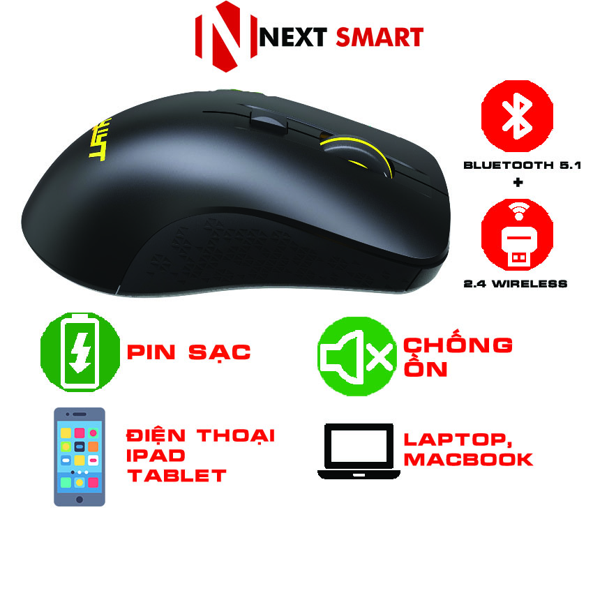 Chuột gaming không dây bluetooth wireless 2.4 NEXT SMART Chuột không dây chế độ kép bluetooth và wireless 2.4 GHz LED bật tắt cho Laptop PC Smartphone Ipad Macbook