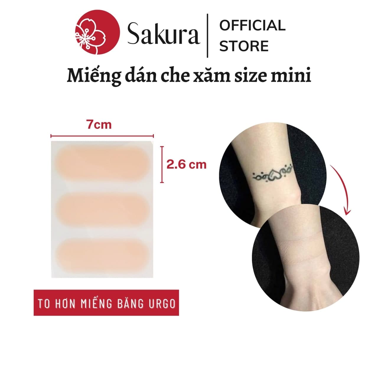 Miếng dán che hình xăm chống nước Nhật Bản Sakura Urgo 2.6x7cm che xăm chữ che khuyết điểm, chất liệu silicon an toàn cho da