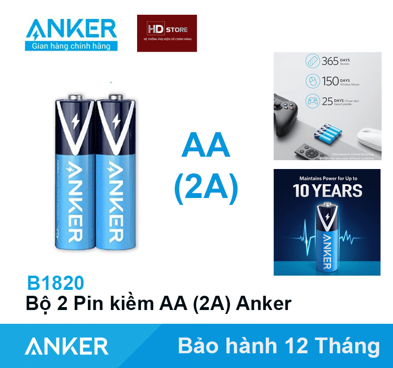 Cặp 2 Pin tiểu AA Anker Alkaline (2A-To)  - B1810 thay Pin Điều Khiển Đồ chơi Chuột Bluetooth Bàn Phím Điều Hoà Đồng Hồ Chính Hãng