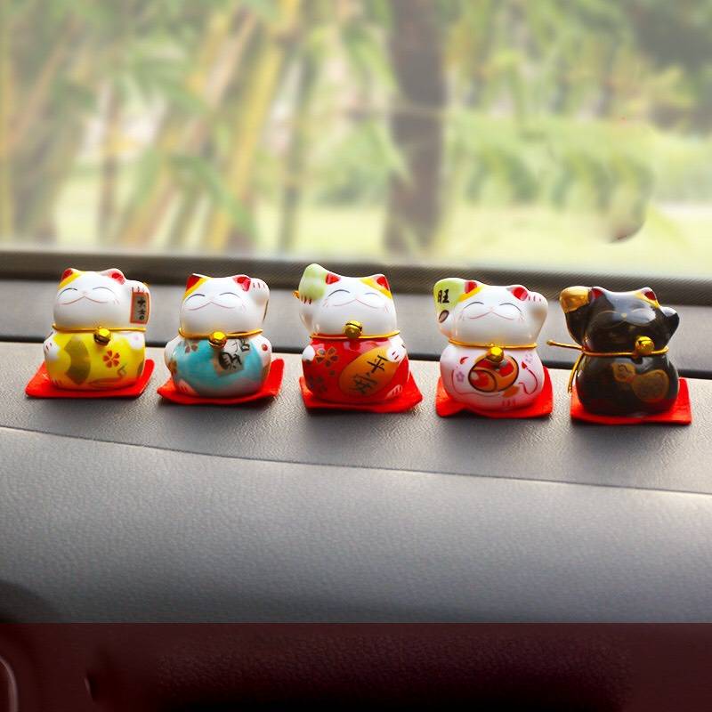 Bộ combo 05 mèo thần tài Maneki Mako - Ngũ Phúc Lâm Môn bằng sứ trang trí xe kệ tủ mang may mắn tài lộc tới cho bạn - Mèo tai nhọn