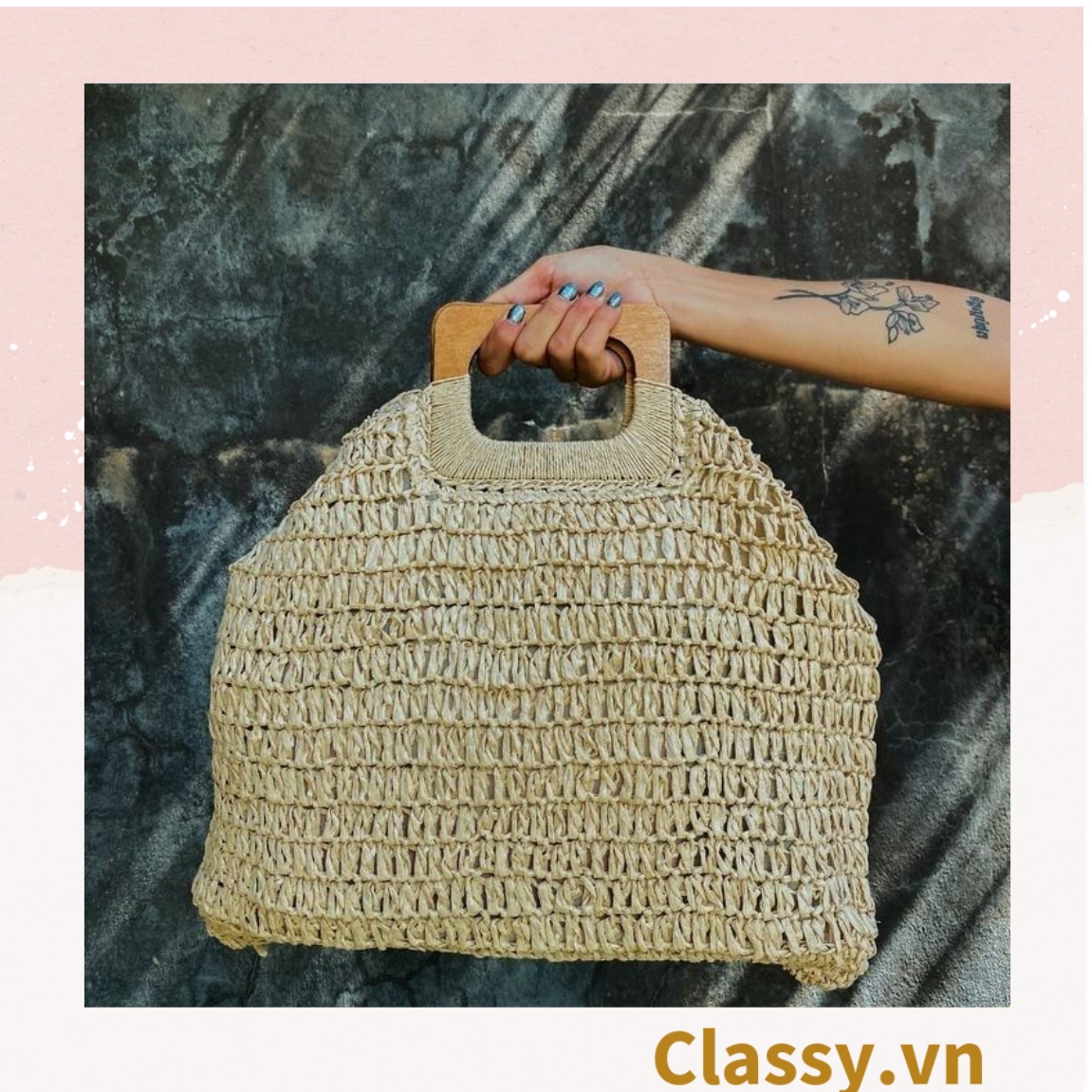 Classy T994 Túi cói đan móc size lớn chất liệu giấy cao cấp, quai gỗ chất lượng, thân thiện với môi trường