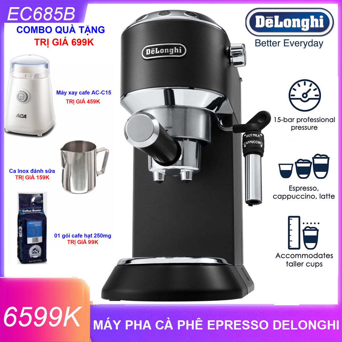 Máy pha cà phê Espresso Delonghi EC685.BK - Hàng nhập khẩu mới nguyên hộp 100% - BH12 tháng kể từ ngày nhận - Máy pha cafe Espresso Cappuccino - Máy pha cà phê mini gia đình - Model tiền nhiệm của Delonghi EC785