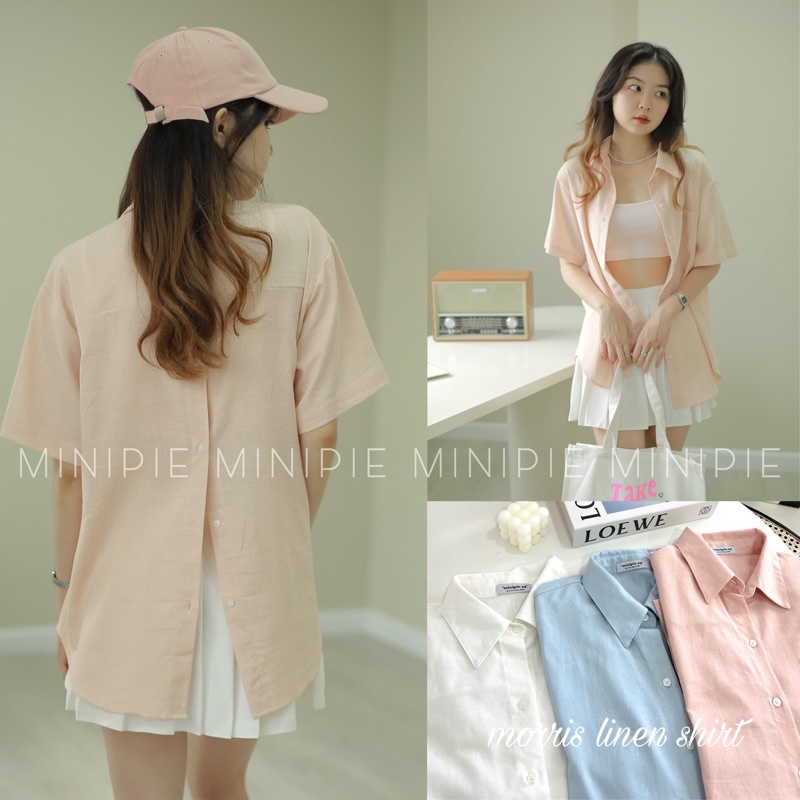 Áo sơ mi morris nữ tay ngắn chất linen xẻ lưng cài nút dáng rộng hàn quốc minipie