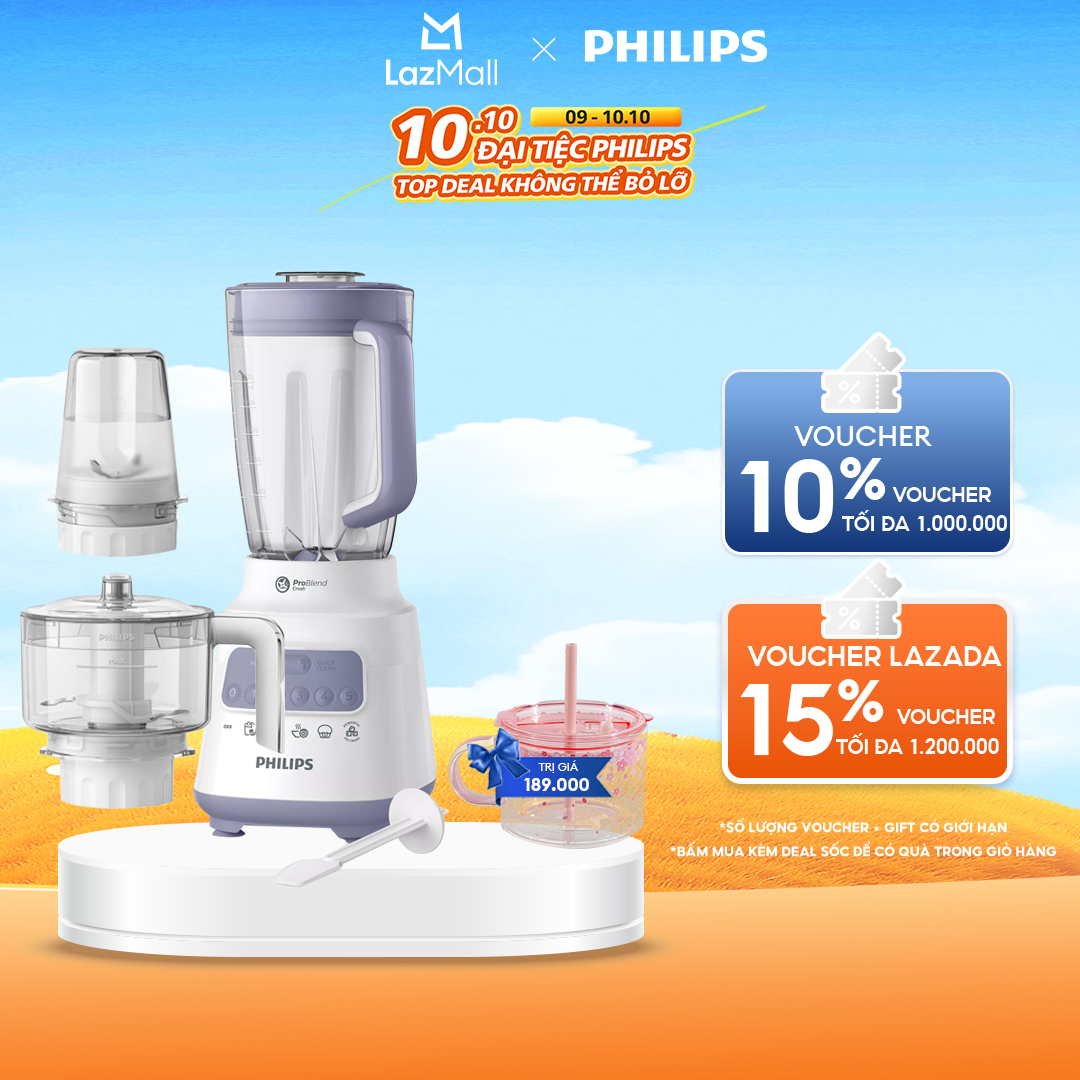 Máy Xay Sinh Tố Philips HR2223/00 (Trắng)|700W|-Bộ 3 Cối Xay Nhựa-5 Chế Độ Cài Đặt Sẵn- Nghiền Mịn Đá--Hàng Phân Phối Chính Hãng.