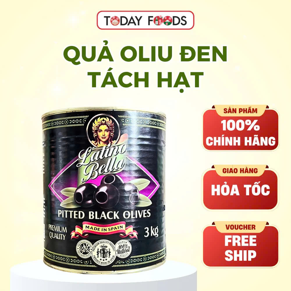 Quả Oliu Latino Bella tách hạt Pitted Black Olives hộp 3KG