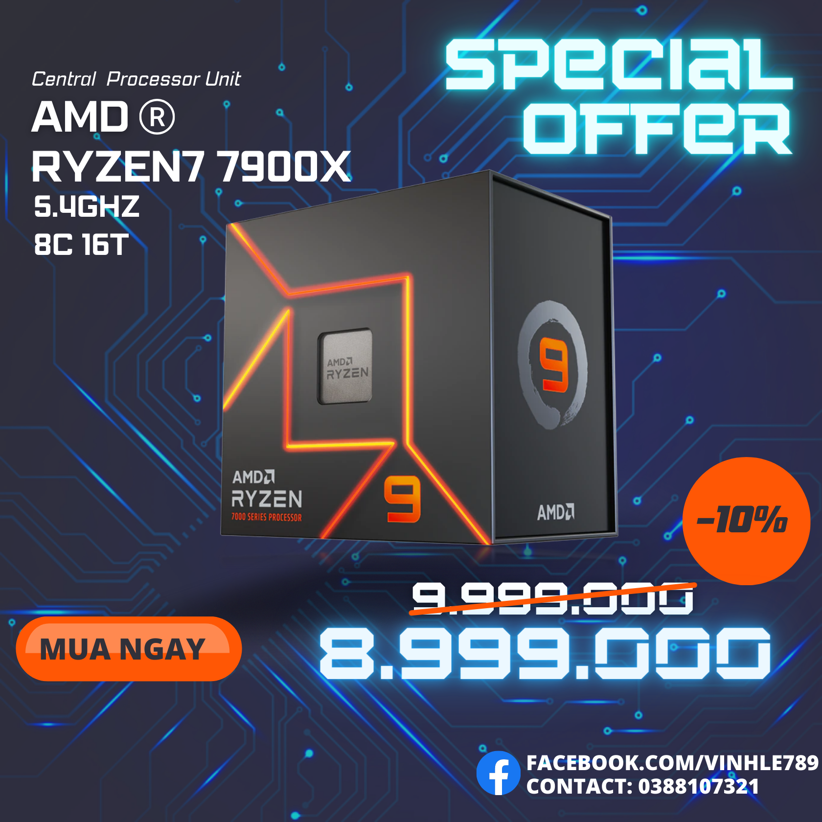 CPU AMD Ryzen 9 7900X  4.7GHz Boost 5.6GHz 12 nhân 24 luồng 76MB AM5 NEW
