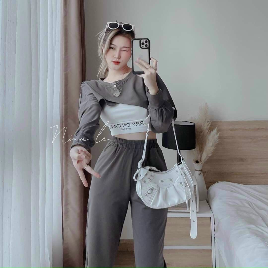 Set 3 món áo crt khoét ngực quần jogger rút gấu ulzzang/ Áo crt dài tay kèm áo 2 dây ôm body và quần ống rộng ,áo 2 dây ôm body nữ ,áo croptop ,quần bom ,quần ống rộng nữ ,sét bộ thể thao 3 món