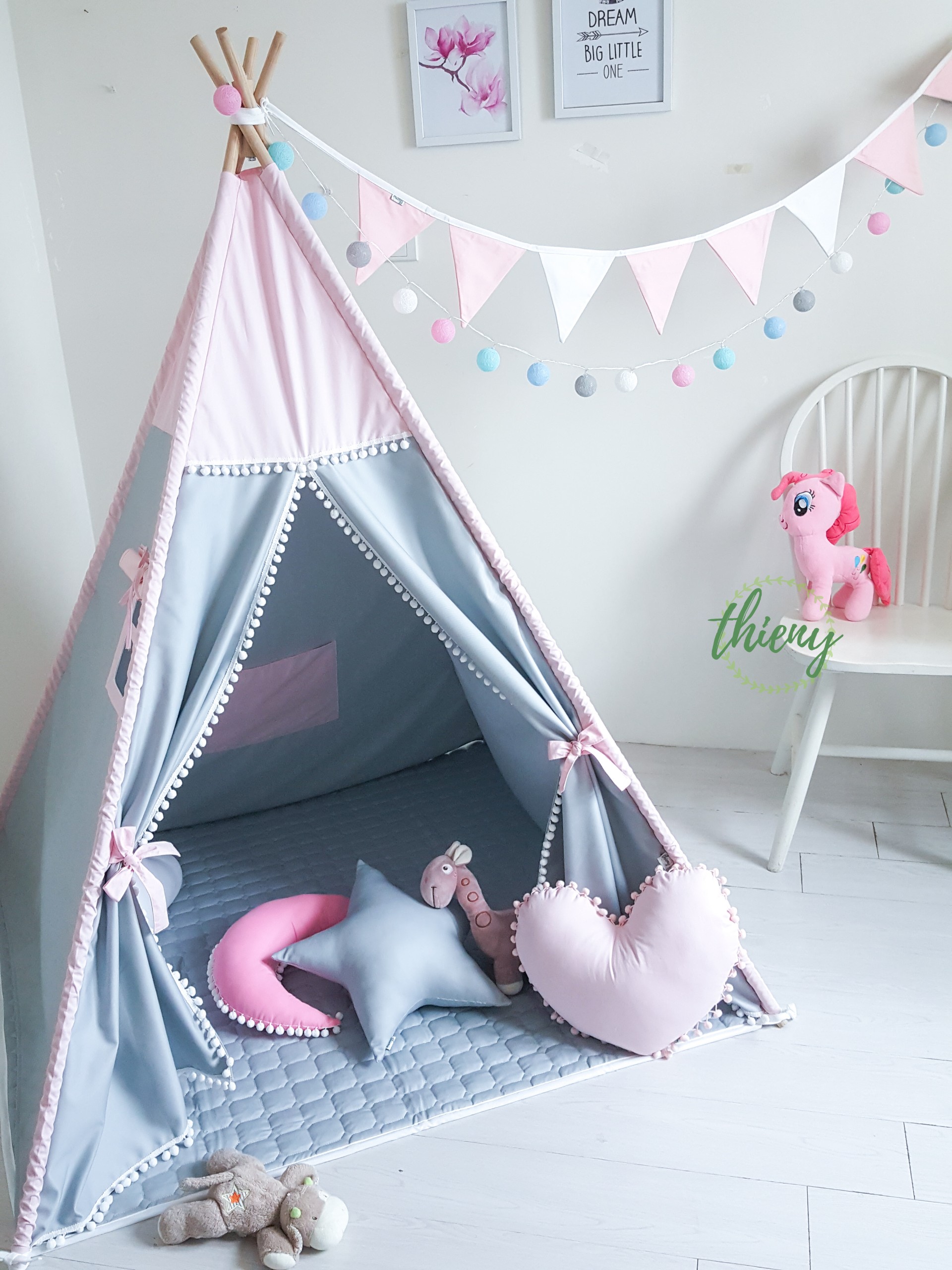 Lều vải cho bé gái màu ghi hồng vải kaki cotton 100% cọc gỗ tự nhiên Lều Thiên Ý