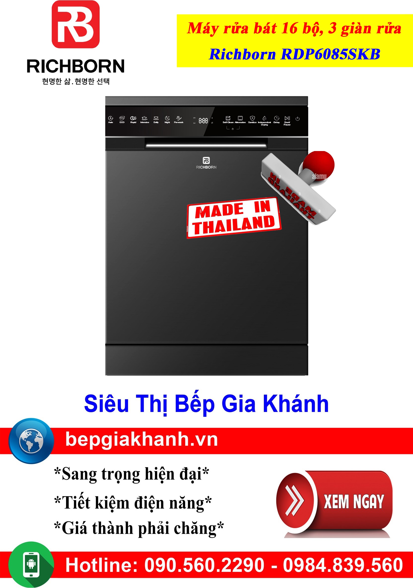 Máy rửa bát 16 bộ Richborn RDP6085SKB nhập khẩu Thái Lan | Màu Đen | 3 Giàn Rửa, máy rửa chén, máy rửa chén bát, máy rửa bát máy rửa bát giá rẻ, may rua bat, may rua chen may rua bat gia re