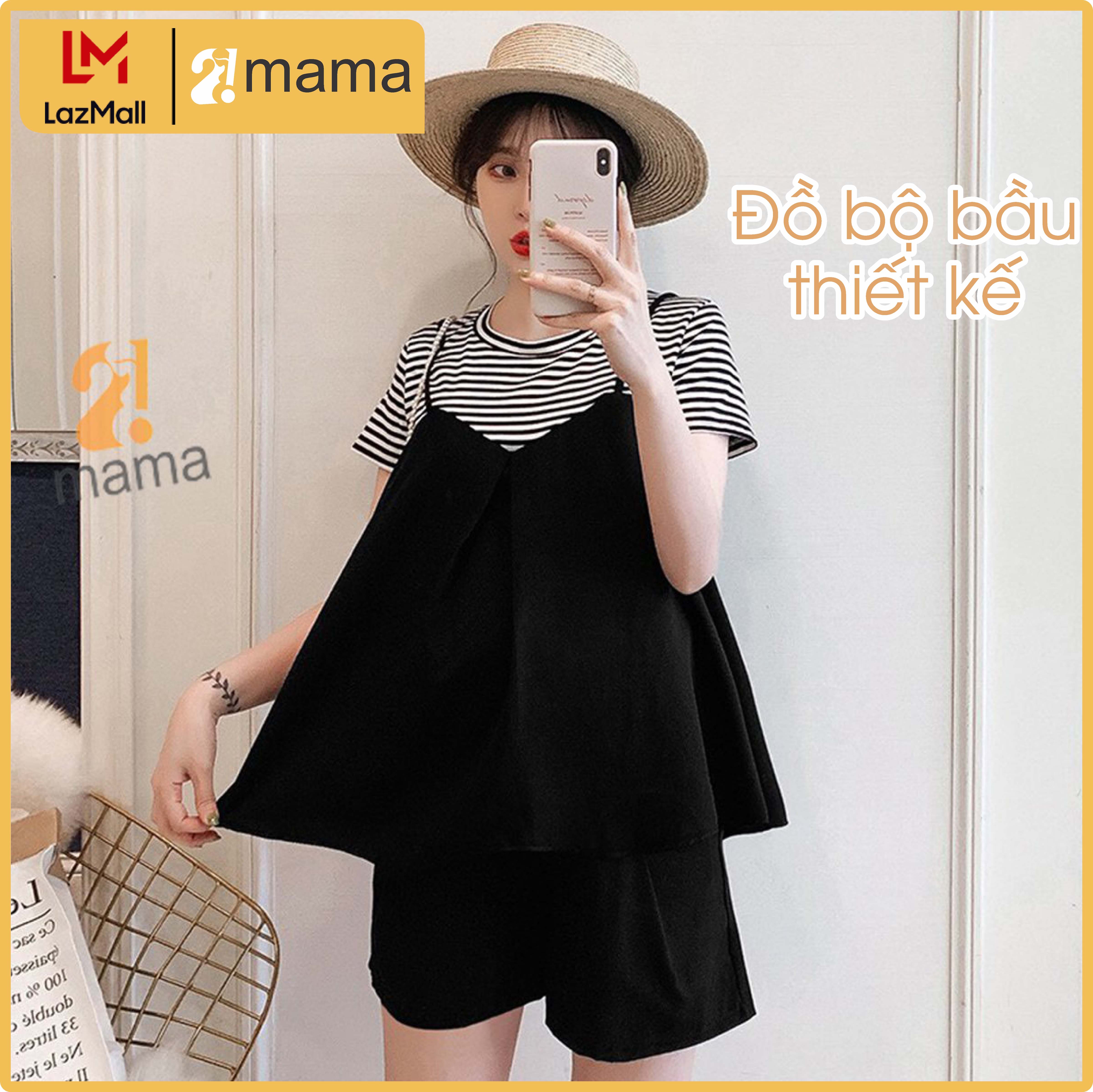 Đồ bộ bầu thiết kế 2MAMA dáng yếm dây liền pha sọc đen trắng V58