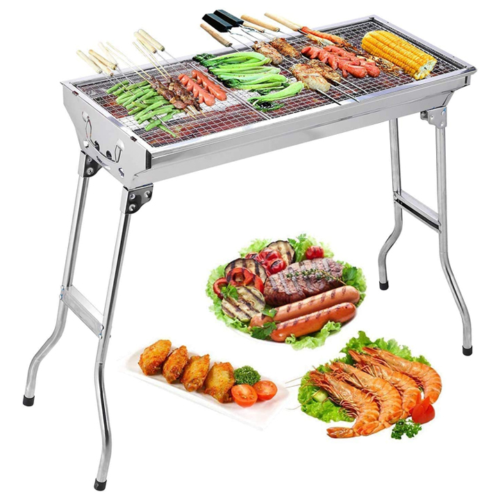 Bếp nướng BBQ ngoài trời dã ngoại nướng than hoa inox có thể gấp gọn chân cao xếp kèm phụ kiện + kèm ảnh thật tự chụp 100%