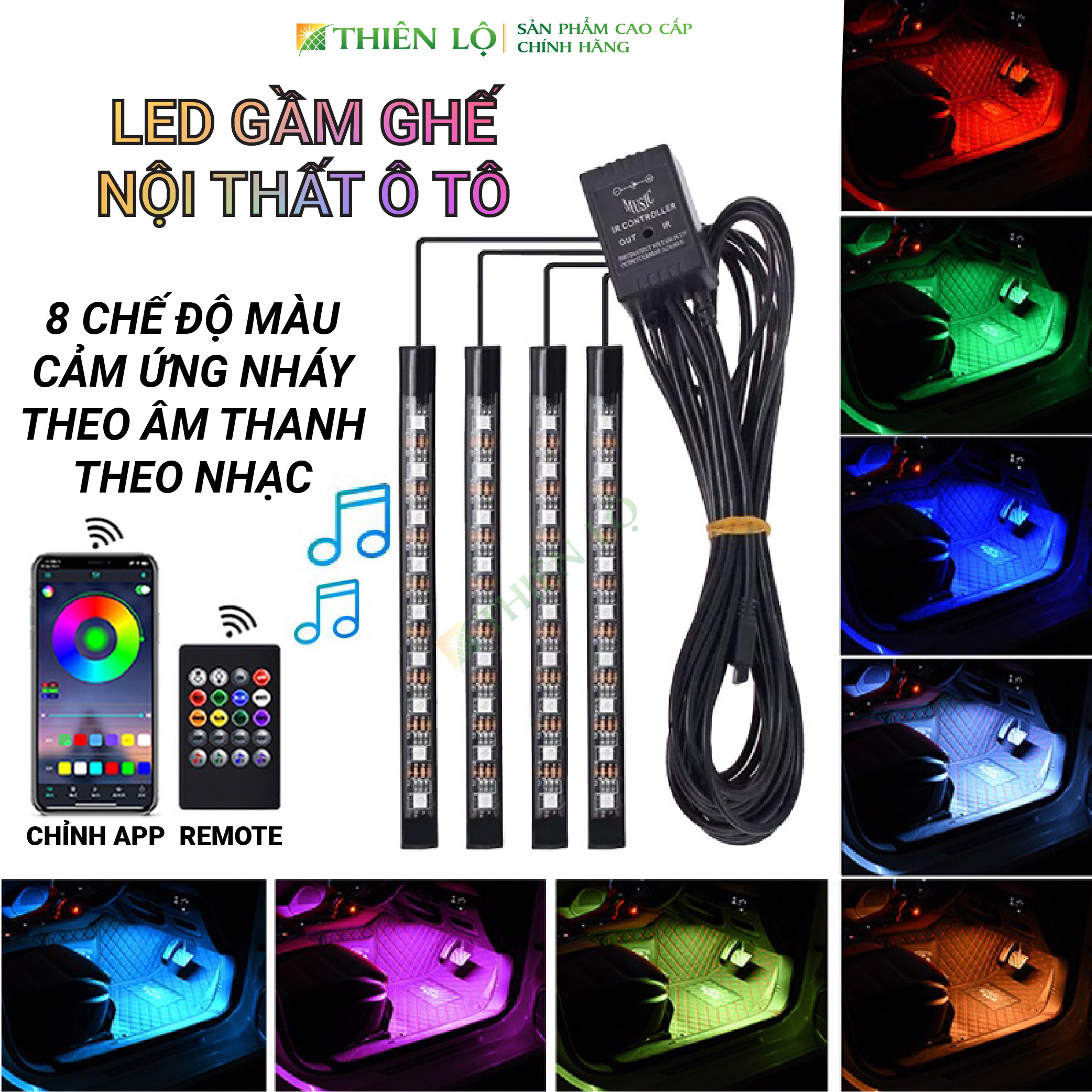 Bộ 4 dây đèn led gầm ghế nội thất ô tô cao cấp 48 LED điều khiển từ xa, cảm biến nháy sáng theo nhac -Thiên Lộ