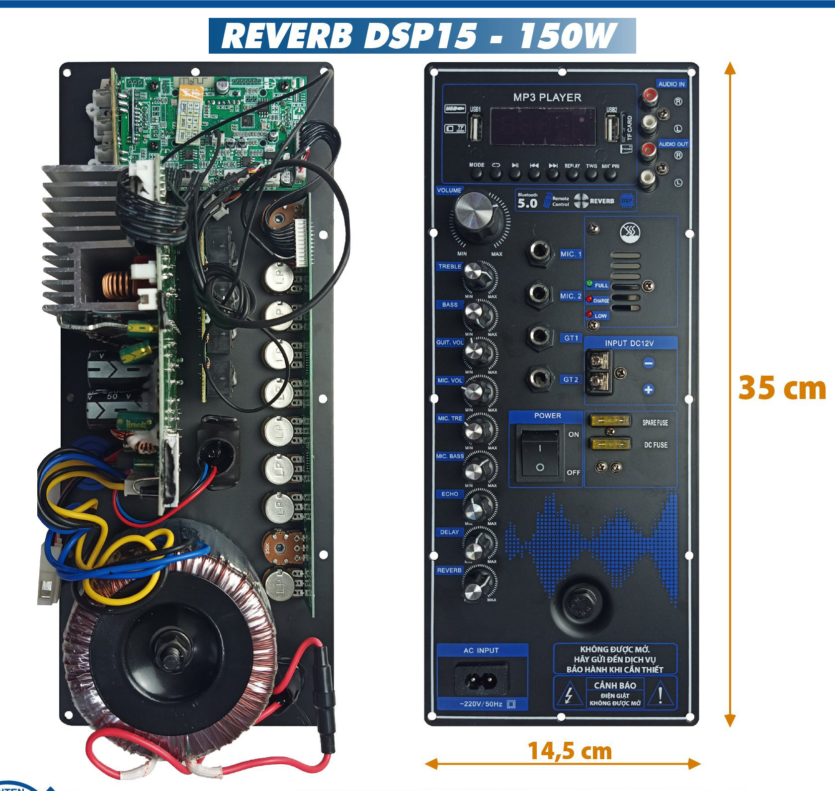 Bo Mạch Loa Kéo Nguồn Xuyến đánh Bass 4 tấc đôi 5 Tấc đơn có Reverb DSP 15 kích thước 14.5 35