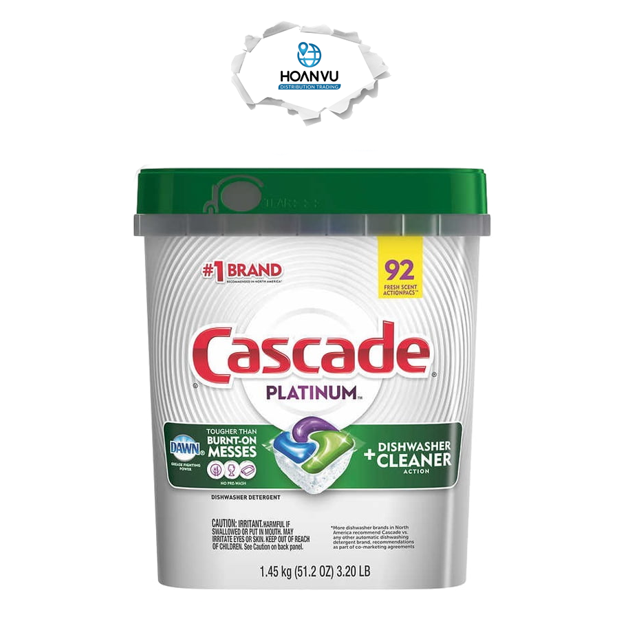 Viên Rửa Chén Cascade Platinum 3in1 Dishwasher Detergent Actionpacs 1.45kg 92 viên