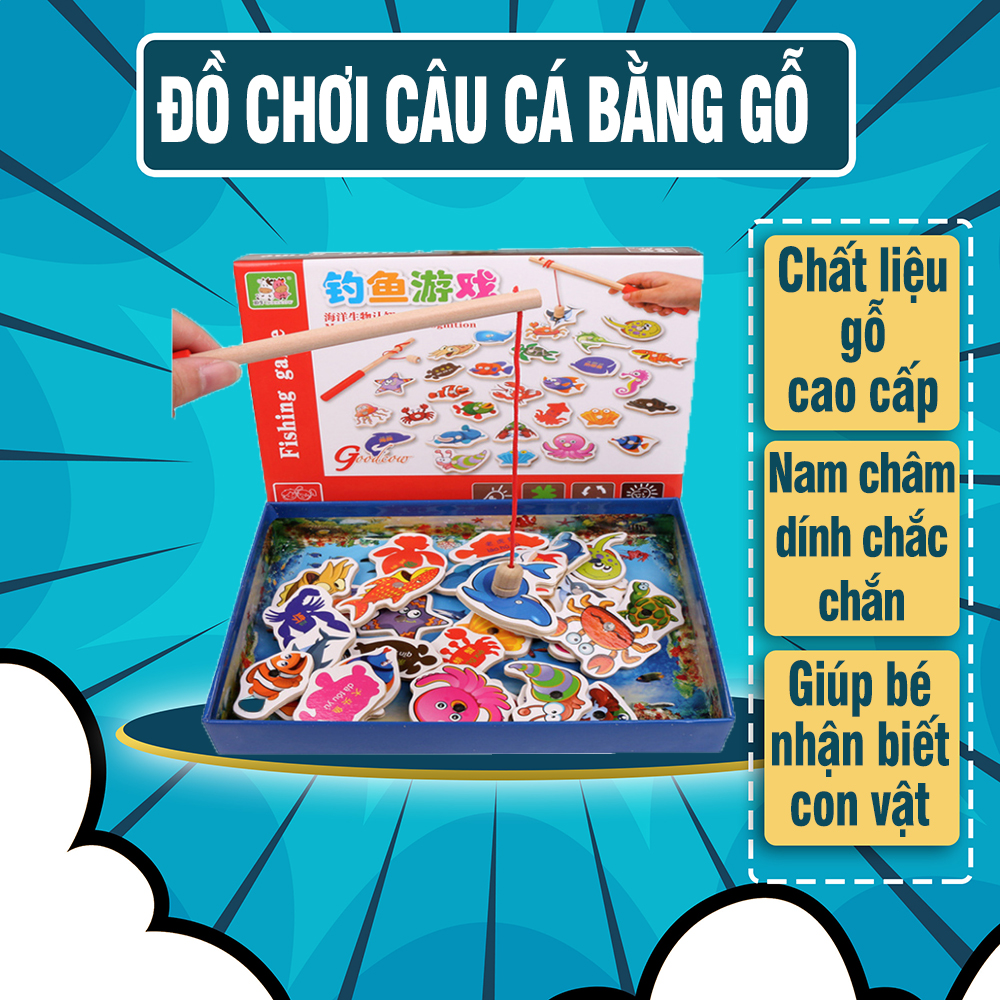 Đồ Chơi Cho Bé Câu Cá Bằng Gỗ - 32 Con, 2 Cần Câu, Nam Châm 3D - Đồ chơi câu cá cho bé, đồ chơi câu cá trẻ em, đồ chơi câu cá loại lớn, do choi cau ca tre em, do chơi gia re, bo do choi cau cá, đồ chơi câu cá nam châm - Luna Baby