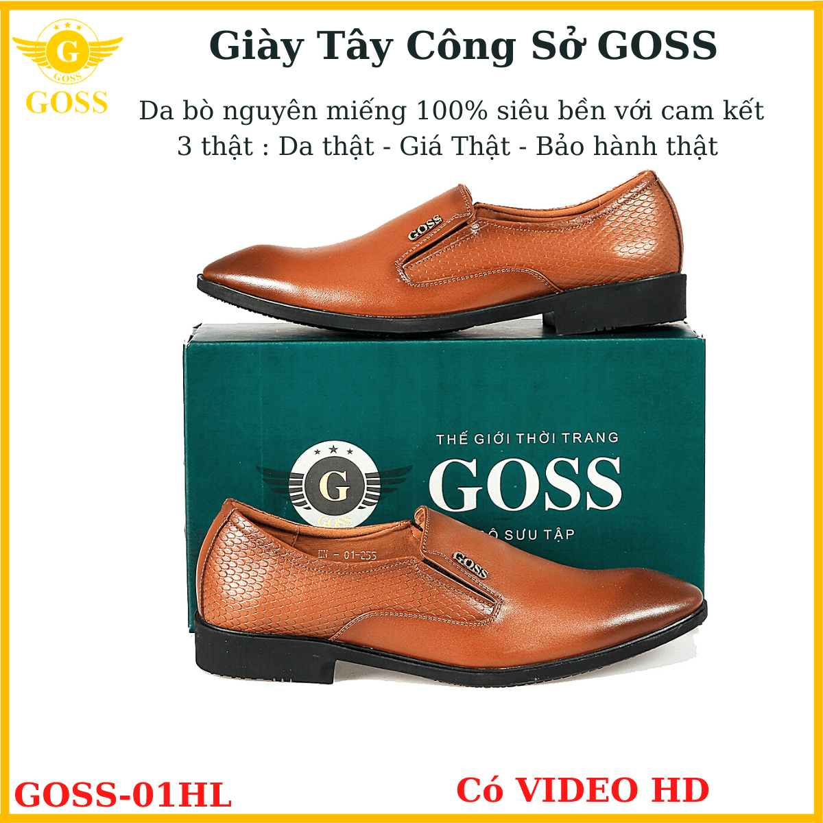 Giày Tây Nam Không Dây Da Bò Vân Da Rắn Goss 01HL - Giày Tây Công Sở Cao Cấp Chính Hãng