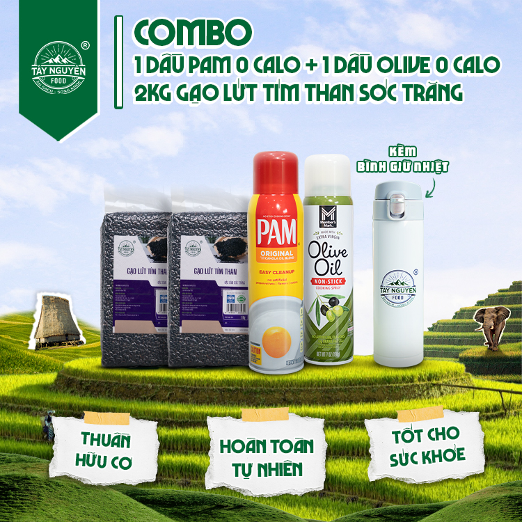 Combo 1 Dầu Pam, 1 Dầu Olive và 2 Gạo lứt tím than Sóc Trăng kèm Bình giữ nhiệt Tây nguyên Food - Việt Nam