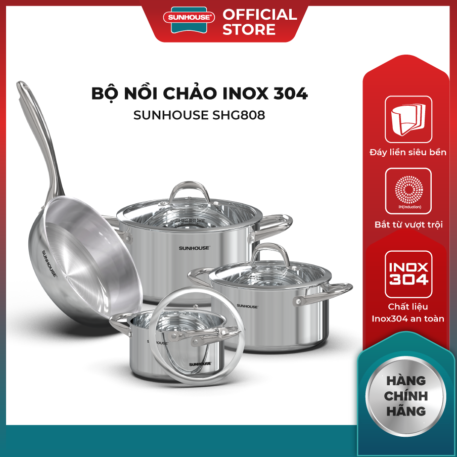 Bộ nồi chảo SUNHOUSE SHG808 - Đáy liền Inox304 sáng bóng siêu bền - Kết cấu đa lớp đáy liền bền bỉ, chống phồng đáy - Hàng chính hãng