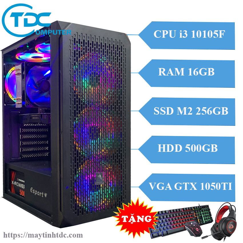 Máy tính chơi game pc gaming cấu hình khủng cpu core i3 10105f, ram 16gb,ssd m2 256gb, hdd 500gb, card 1050ti tặng bộ phím chuột,tai nghe chơi game