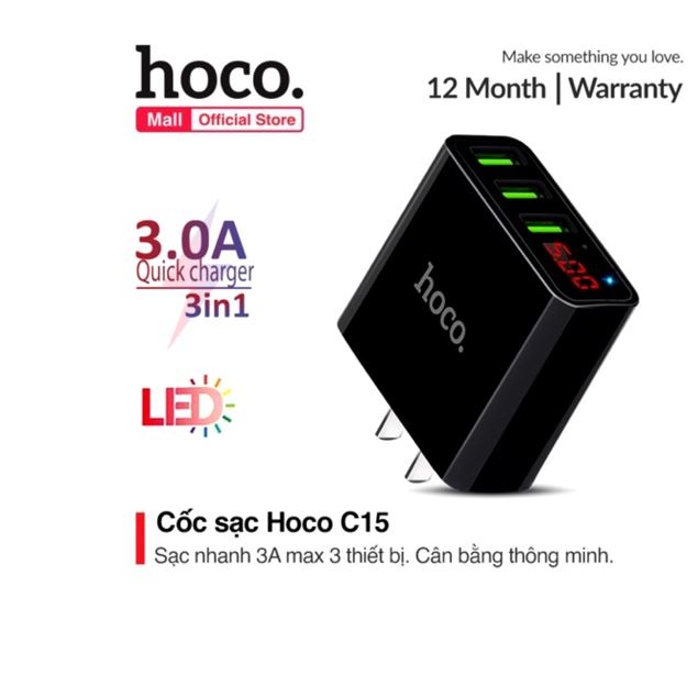 Củ Sạc Nhanh 3 Cổng USB 3A Hoco C15 Cốc sạc nhanh 3A Hoco C15 chuôi dẹt chất liệu cao cấp trang bị 3 cổng Usb tích hợp đèn Led tương thích với các thiết bị Adapter Hoco C15 củ sạc điện thoại 3 cổng USB 3A có đèn led