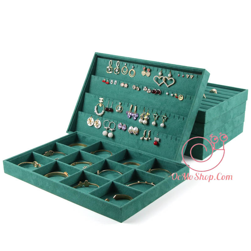 Giá treo trang sức, Kệ treo trang sức, Khay trưng bày trang sức, dây chuyền, vòng tay, nhẫn nhung xanh cao cấp