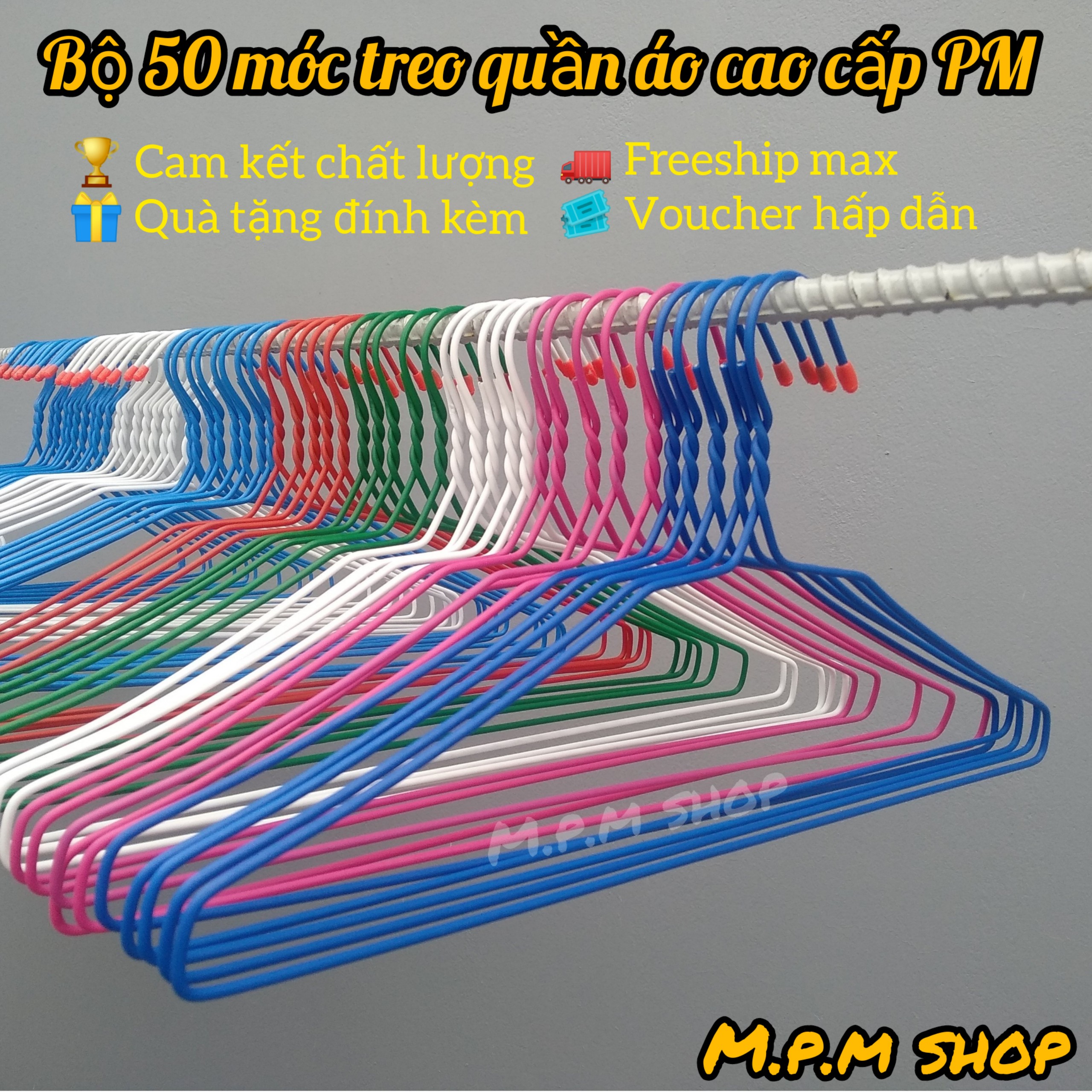 Bộ 50 Móc phơi quần áo cao cấp PM -Loại mỏng- 5 Màu [MUA 1 BỘ TẶNG 2 QUÀ, ĐƯỢC CHỌN MÀU] - Móc treo quần áo thép phủ nhựa PP cao cấp chống oxy hóa ăn mòn - loại Mỏng - Cloth Hanger
