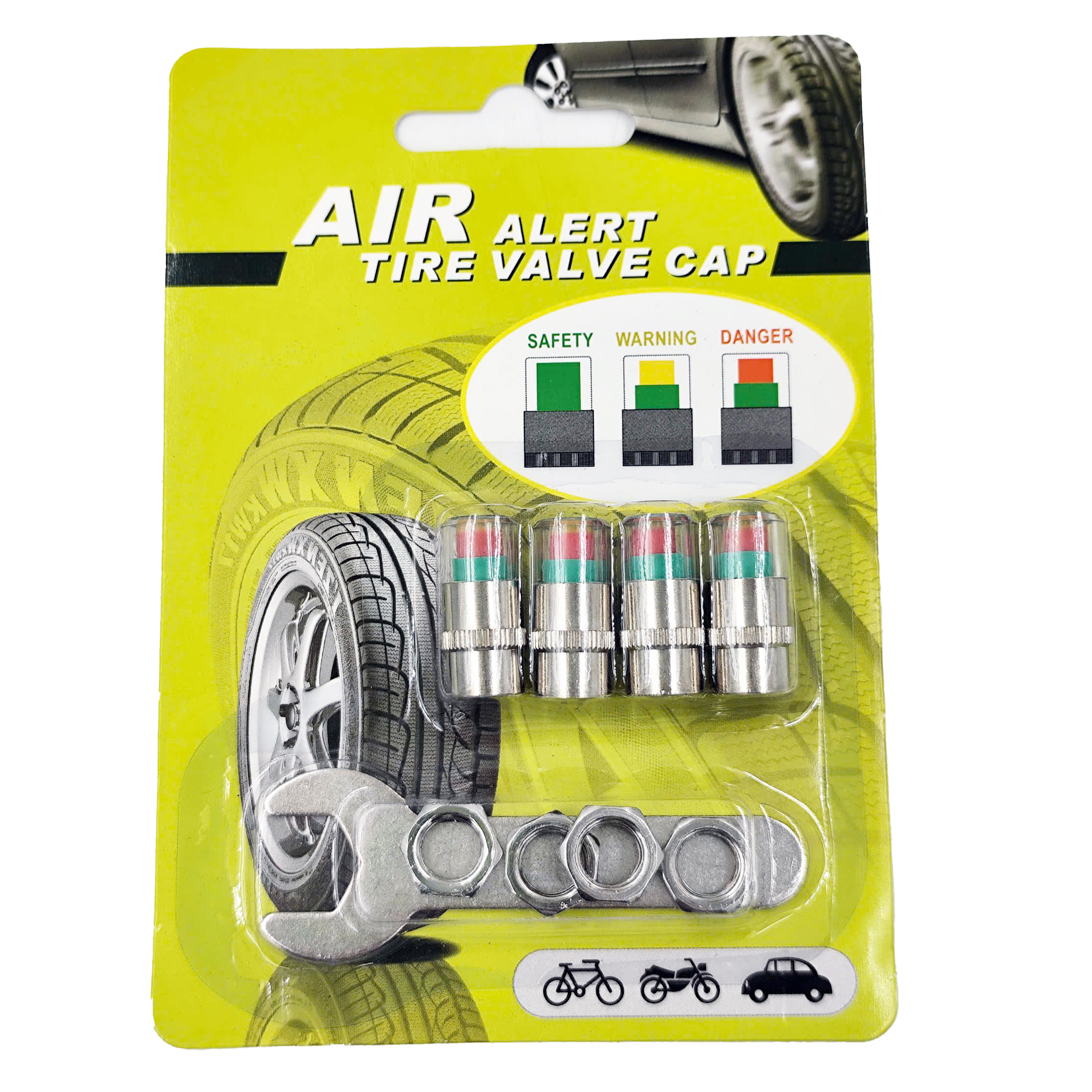 Bộ 4 Van Cảnh Báo Áp Suất Lốp Lõi Đồng Xe Máy, Ô Tô, Theo Dõi Áp Suất Bánh Xe Với 3 Màu Kèm Con Tán Và Cờ Lê Lắp Ráp