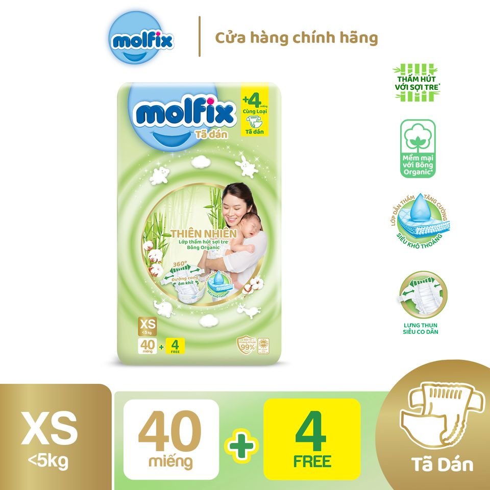 Tã/bỉm dán Molfix Thiên nhiên Regular NB newborn XS (<5kg) - Gói 40+4 miếng - Gói nhỏ