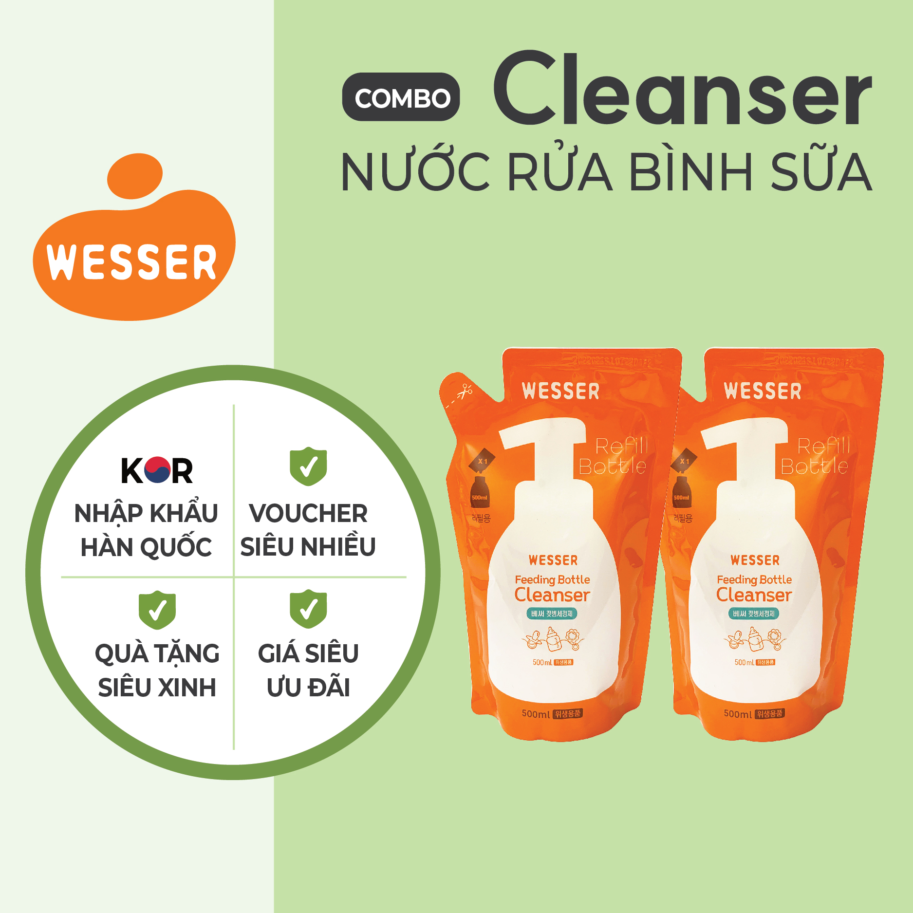 Bộ 2 gói nước rửa bình sữa Wesser 500ml Hương bưởi thơm mát, khử sạch mùi hôi trong bình sữa ( Nhập khẩu)