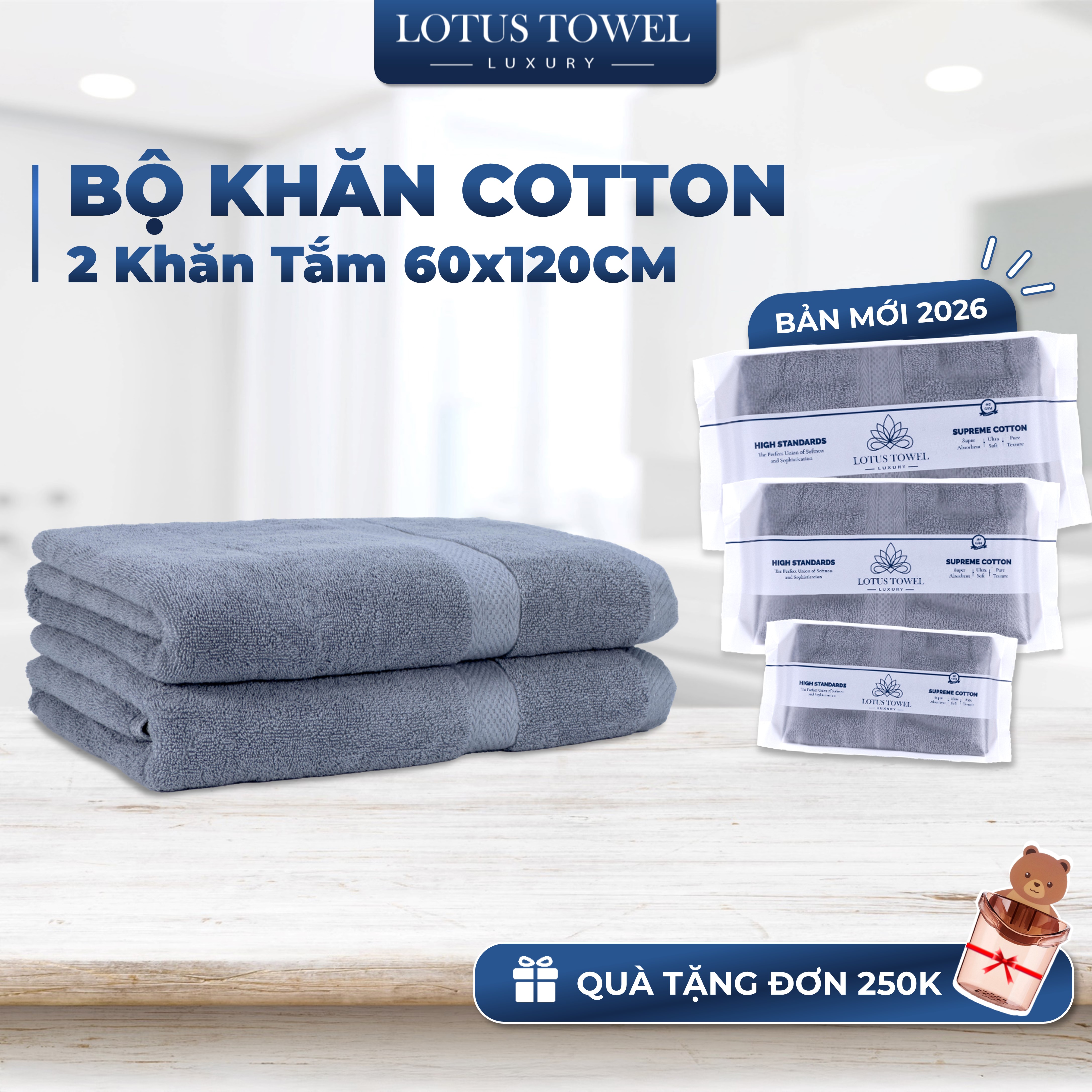 Bộ 2 Khăn tắm 60x120cm LOTUS TOWEL 100% Cotton Cao Cấp Mềm Mịn Thấm Hút Không Ra Màu
