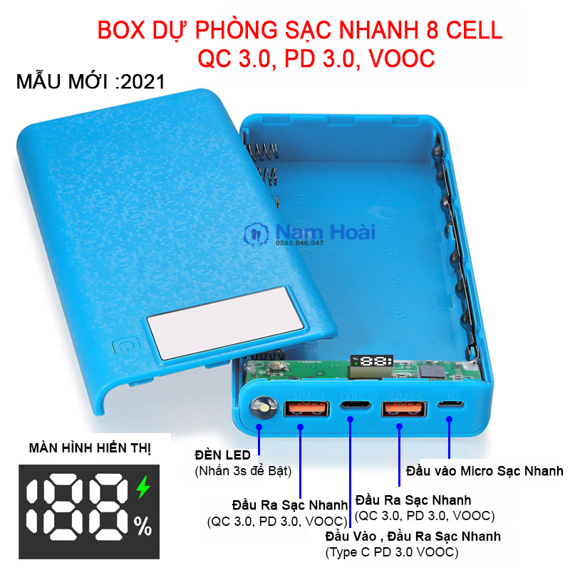 Box sạc dự phòng 8 cell 18650 3.7V hỗ trợ sạc nhanh QC, PD, VOOC 3.0