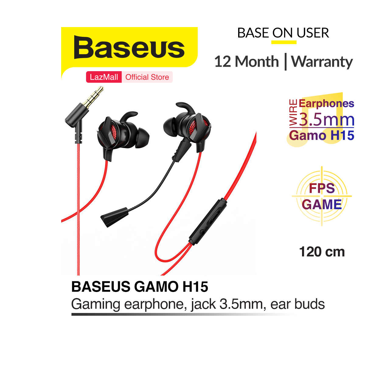 Tai nghe gaming Baseus Gamo H15 (jack 3.5mm), tai chơi game bắn súng (FPS), Dual Microphone có thể tháo rời, dài 120cm