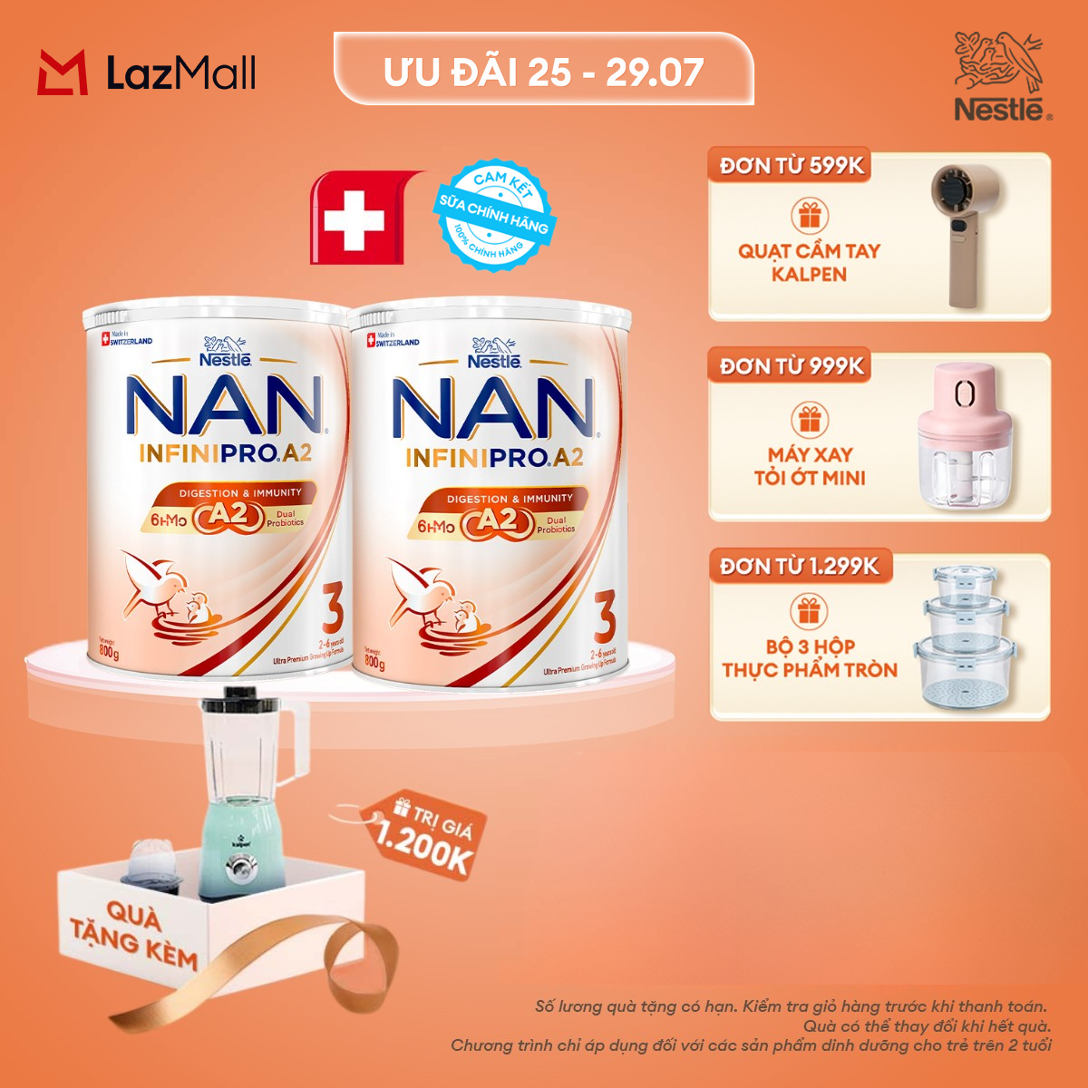[CHỈ 25-29.07 QT ĐƠN 599K/999K/1299K][Tặng Máy xay sinh tố Kalpen kèm cối nhỏ] Combo 2 lon Sữa bột Nestle NAN INFINIPRO A2 3 800g Cho Bé 2 - 6 Tuổi Có Đạm A2, 6HMO  Lợi Khuẩn Kép hỗ trợ tiêu hóa, đề kháng