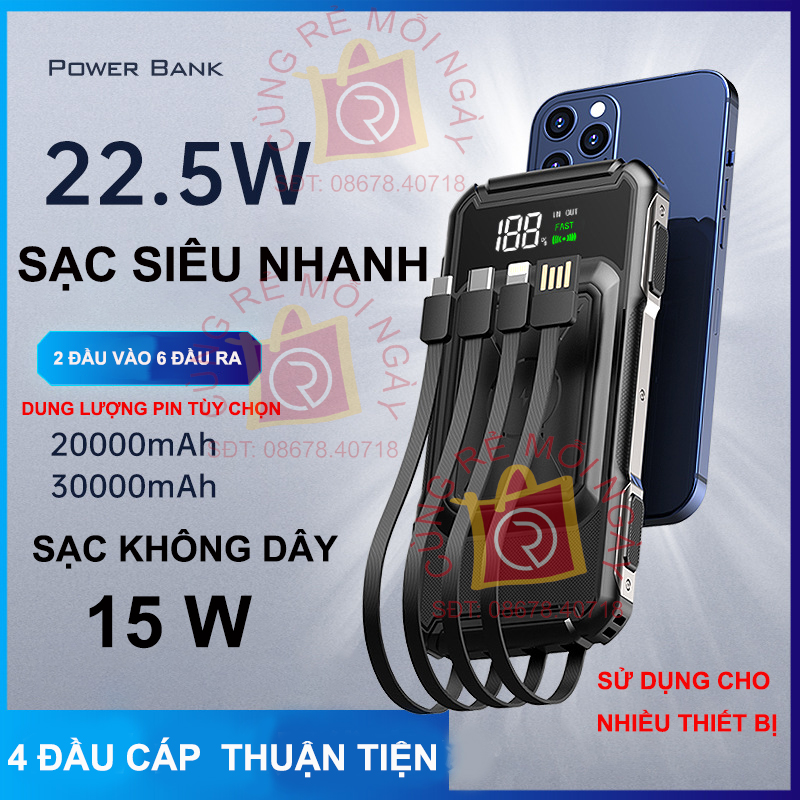 Pin sạc dự phòng không dây 25.000mah - sạc siêu nhanh 22.5w - sạc không dây 15w - kèm 4 dây cáp