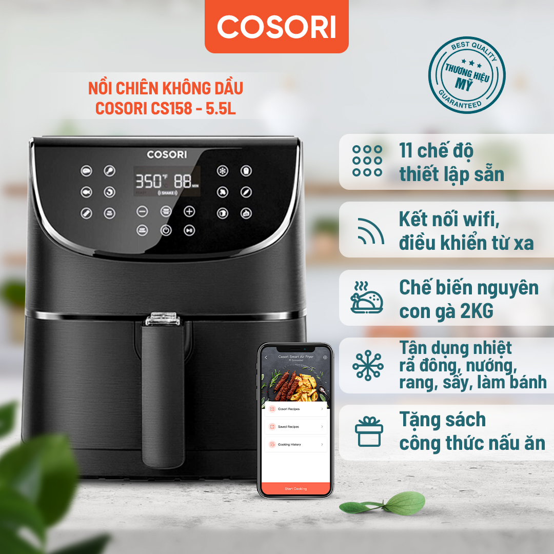 Nồi chiên không dầu Cosori Pro Smart CS158-AF (5,5 lít)-Kết nối wifi-11 chế độ nấu được thiết lập sẵn-Nhắc nhở lắc/lật thực phẩm-Chức năng tự động tắt và giữ ấm-Bảo Chính hãng bảo hành 2 năm