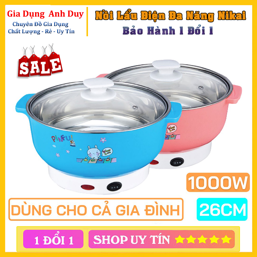 Nồi lẩu điện mini 26cm Nikai vung kính 1000W - Nồi lẩu đa năng gia đình 26cm siêu tốc