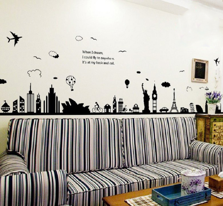 Decal dán tường thành phố New York tranh dán tường đen trắng thành phố New York độc đáo