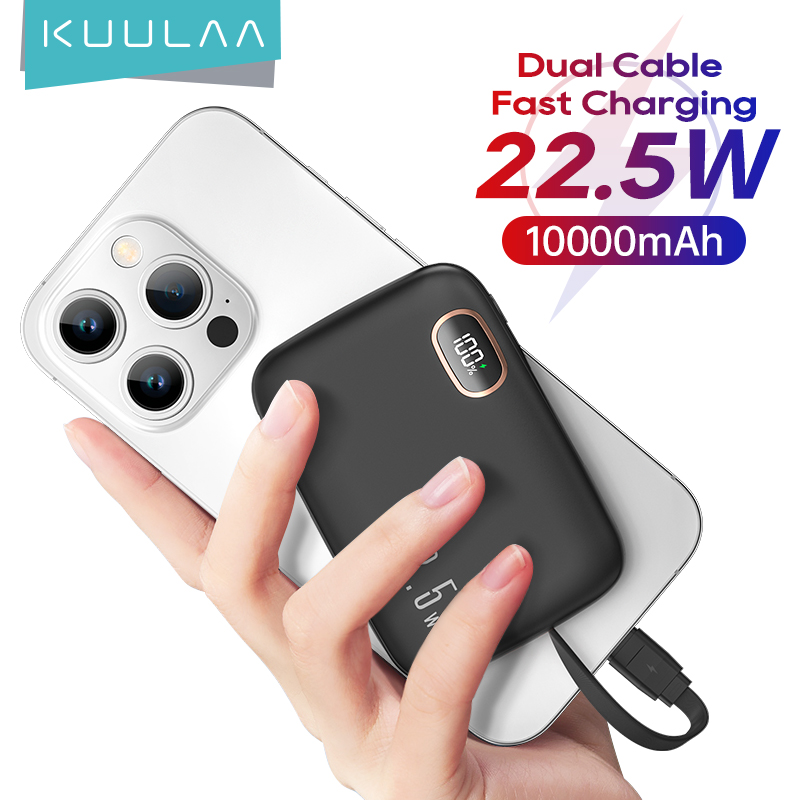 KUULAA 22.5W Power Bank 10000mAh Sạc dự phòng PD Fast Charging Mini PowerBank Built in Two Cables Type C Lightning for iPhone 15 14 13 12 Huawei Xiaomi Samsung Portable Charger External Battery