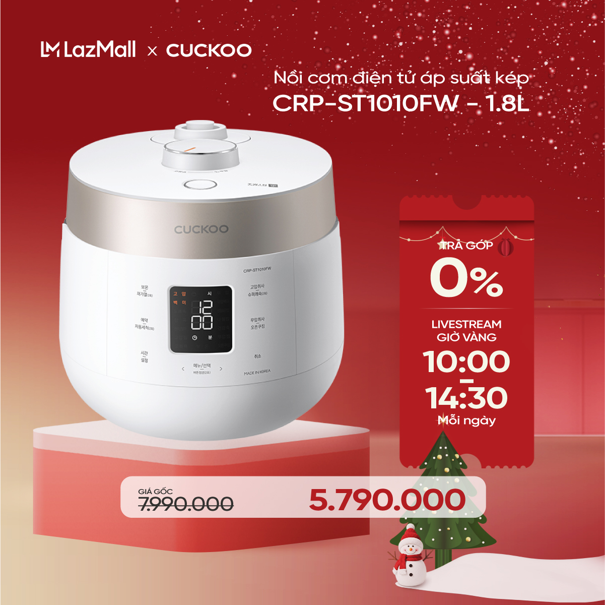 Nồi cơm điện tử áp suất kép Cuckoo 1.8L CRP-ST1010FW - Lòng nồi phủ men Xwall độc quyền - Bảng điều khiển thông minh - Nhiều chế độ nấu ăn - Sản xuất tại Hàn Quốc