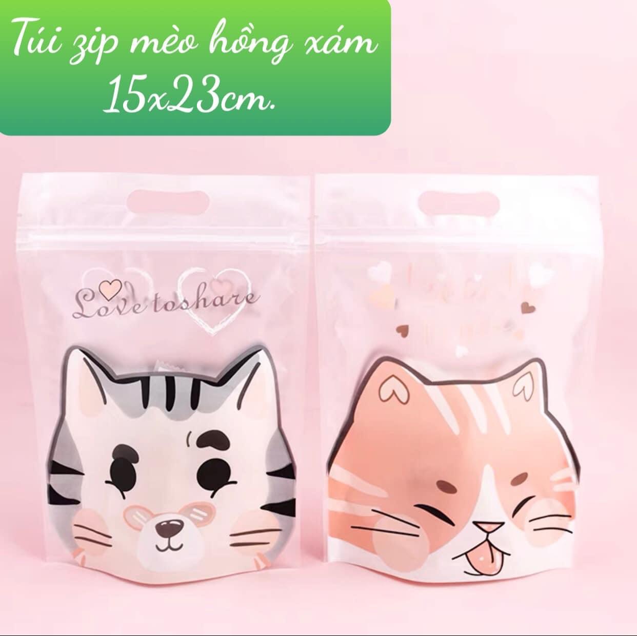 Túi zip đựng bánh 15x23cm mẫu Mèo hồng xám